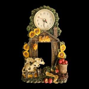 Farmhouse Barnyard Resin 3D Mantel Clock Sunflowers Cows Apples Rustic Country